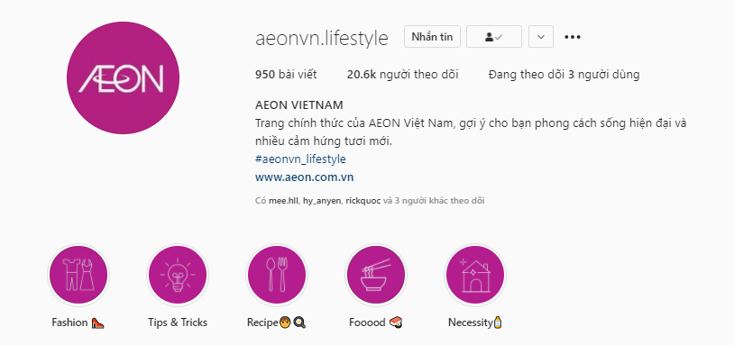 Phần Bio + Highlight của Instagram aeonvn.lifestyle.